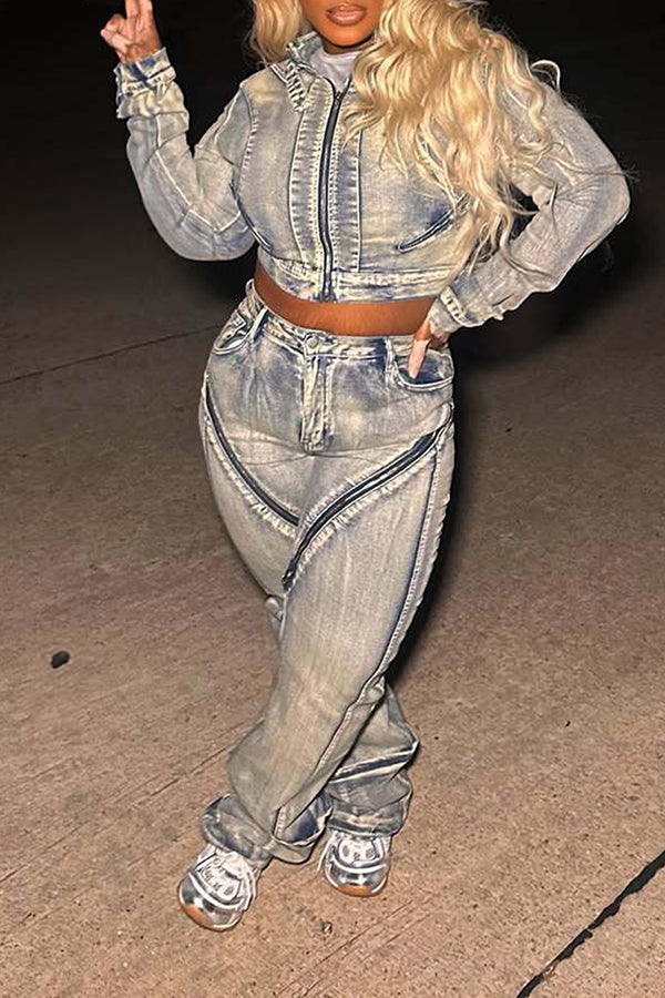 Fashion High-Elastic Washed Zipper Jeans