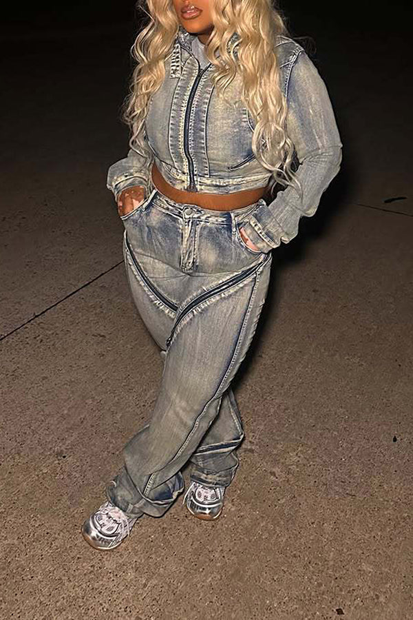 Fashion High-Elastic Washed Zipper Jeans