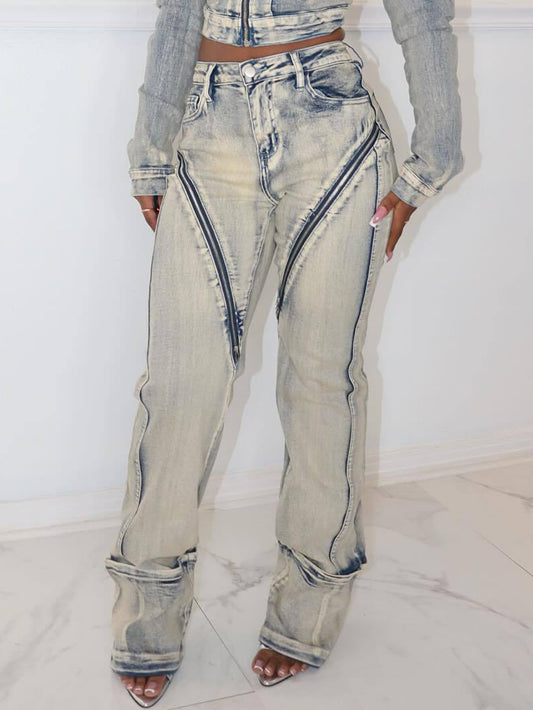 Fashion High-Elastic Washed Zipper Jeans