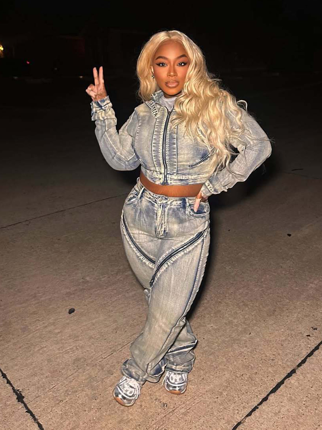 Fashion High-Elastic Washed Zipper Jeans