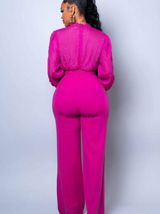 Fashionable Lace Patchwork Wide-Leg Jumpsuit