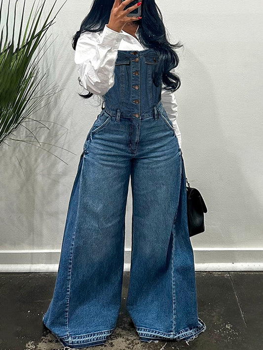 Casual Single Breasted Wide Leg Denim Jumpsuit