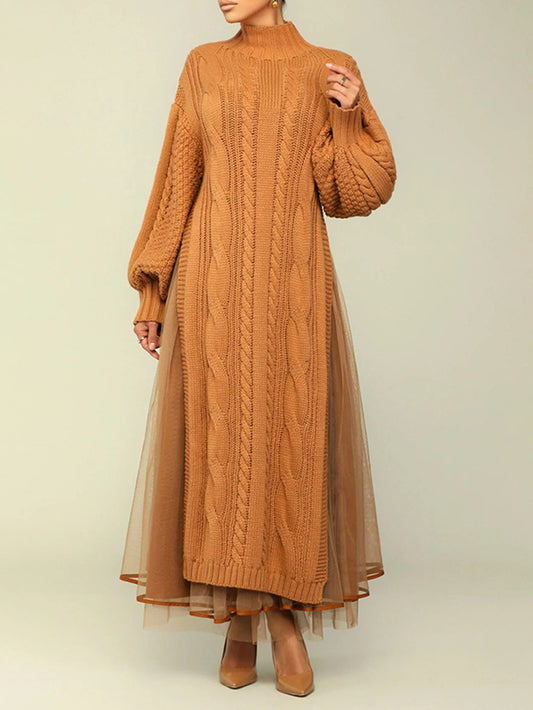 Stylish Cable Knit Splicing Mesh Dress
