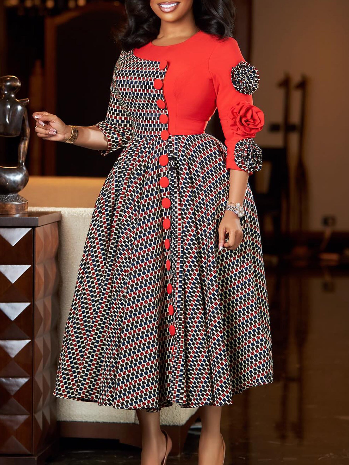 Elegant Three-Quarter Sleeve Patchwork Flower Dress