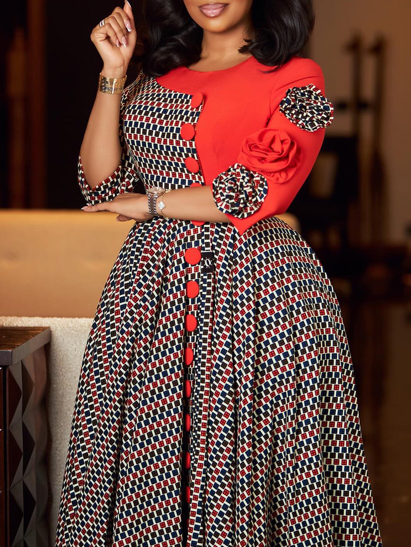 Elegant Three-Quarter Sleeve Patchwork Flower Dress