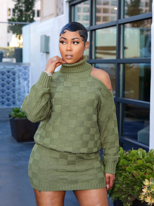 Stylish Cold-Shoulder High-Neck Plaid Knit Skirt Set