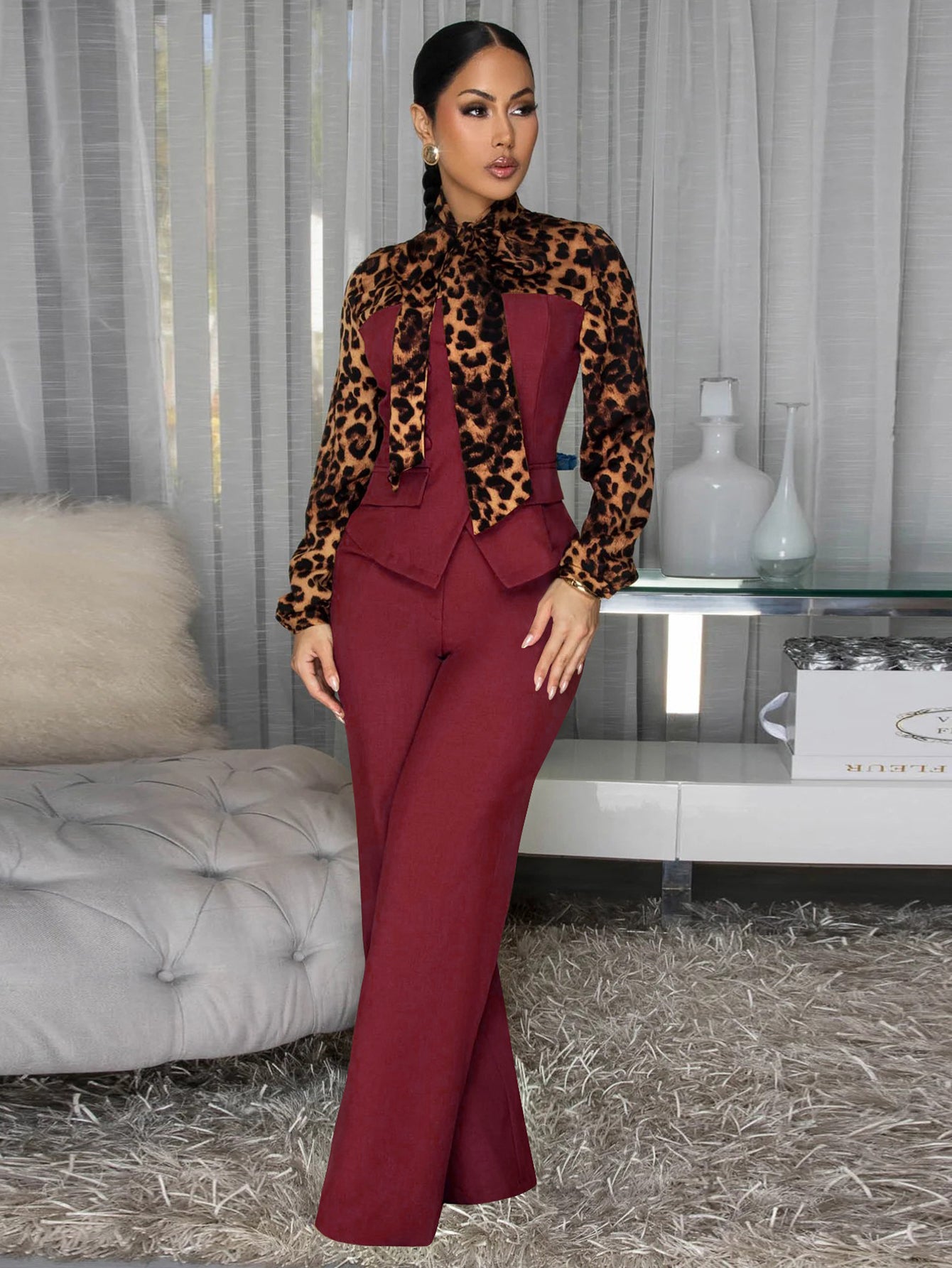 Stylish Leopard Patchwork Tie-Front Top & Wide-Leg Pants