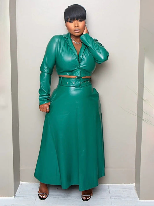Stylish Cropped PU Jacket & High-Waisted Skirt