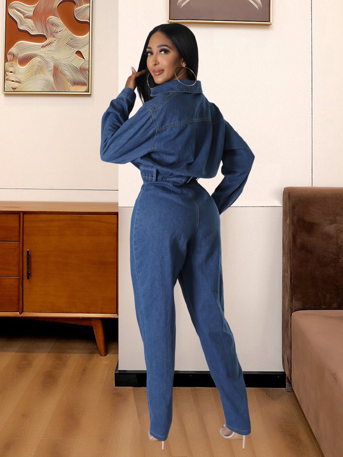 Stylish Pockets Button Down Denim Jumpsuit 