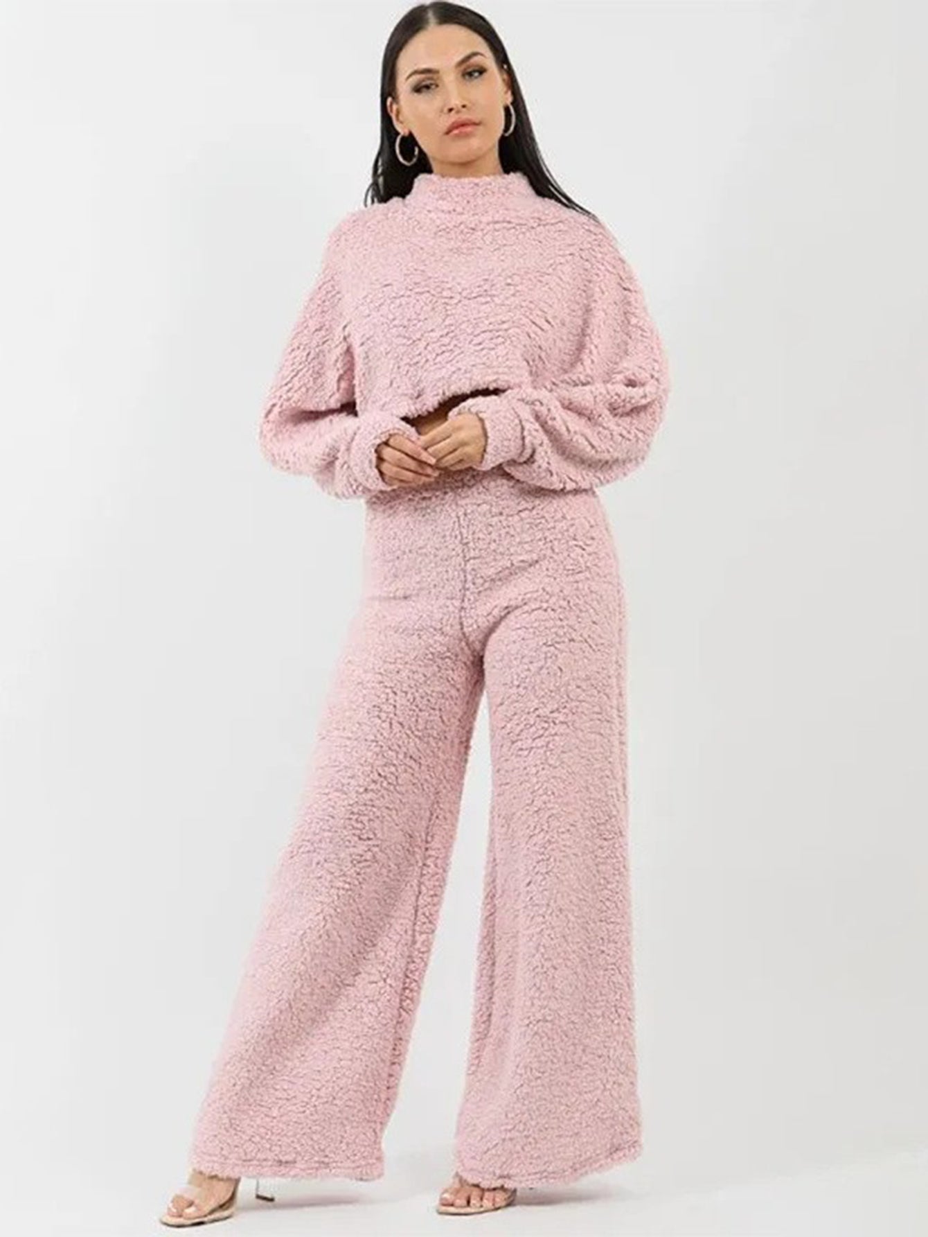 Stylish Fleece Cropped Top & Wide-Leg Pants Set