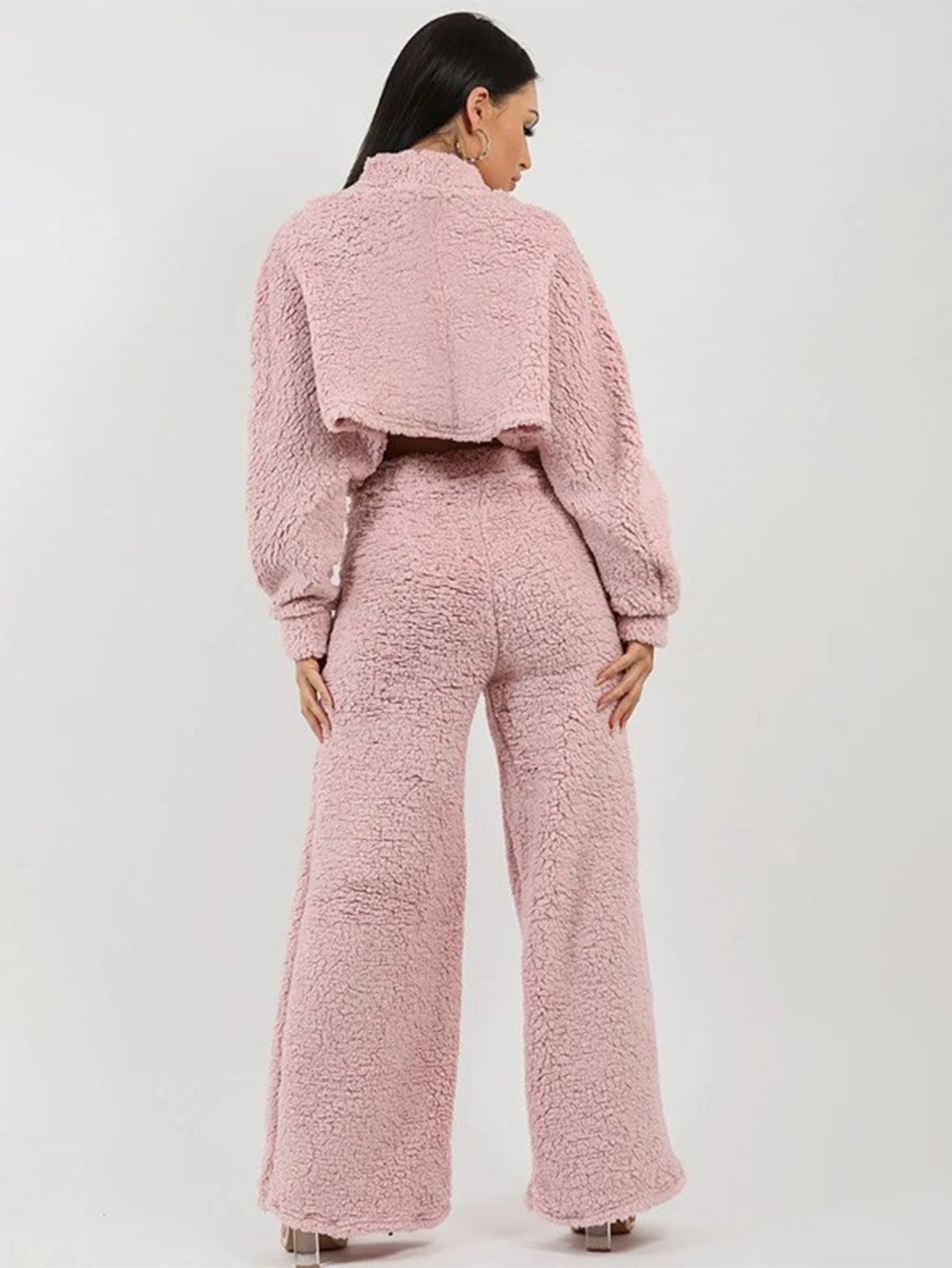 Stylish Fleece Cropped Top & Wide-Leg Pants Set