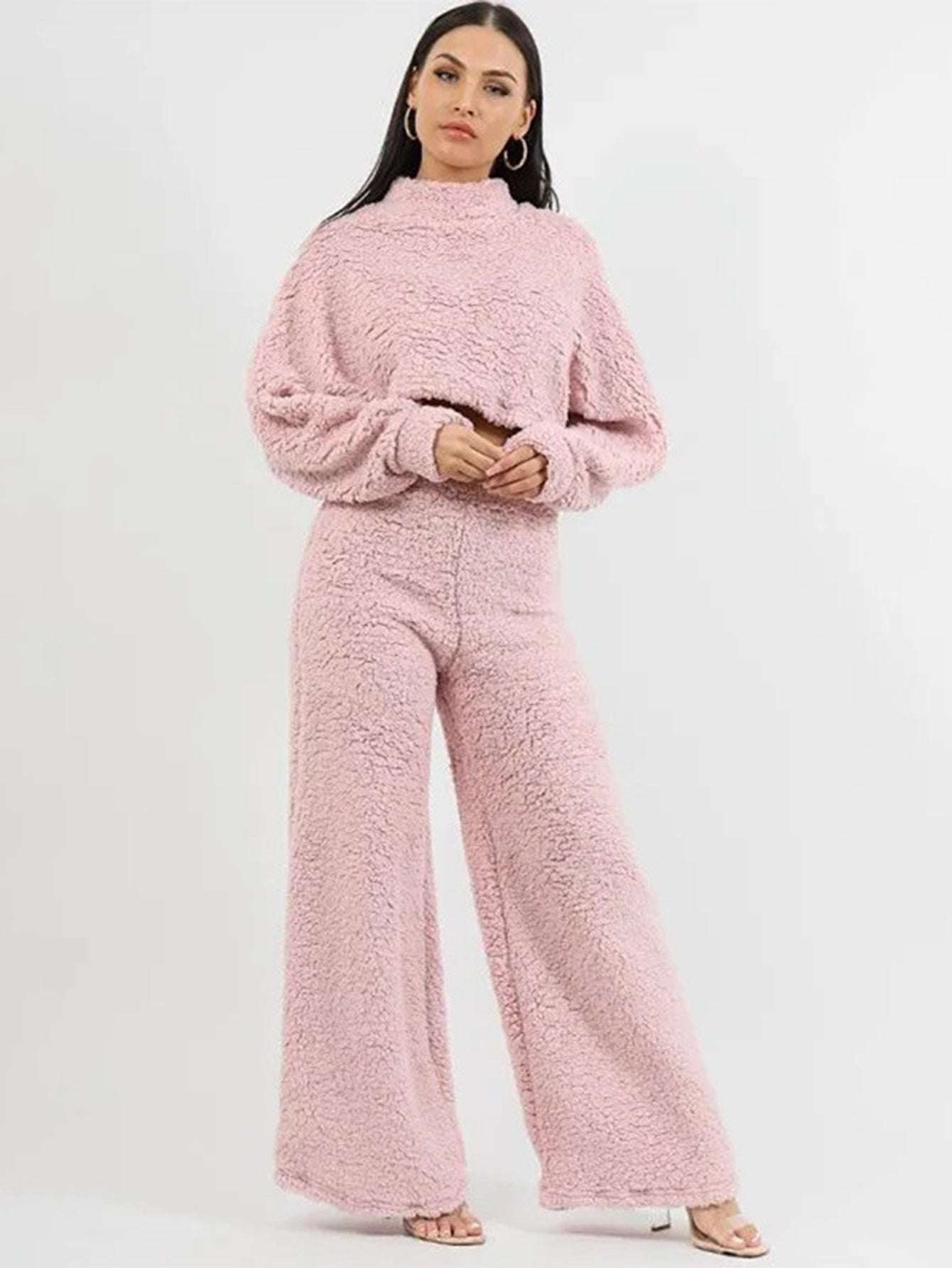 Stylish Fleece Cropped Top & Wide-Leg Pants Set