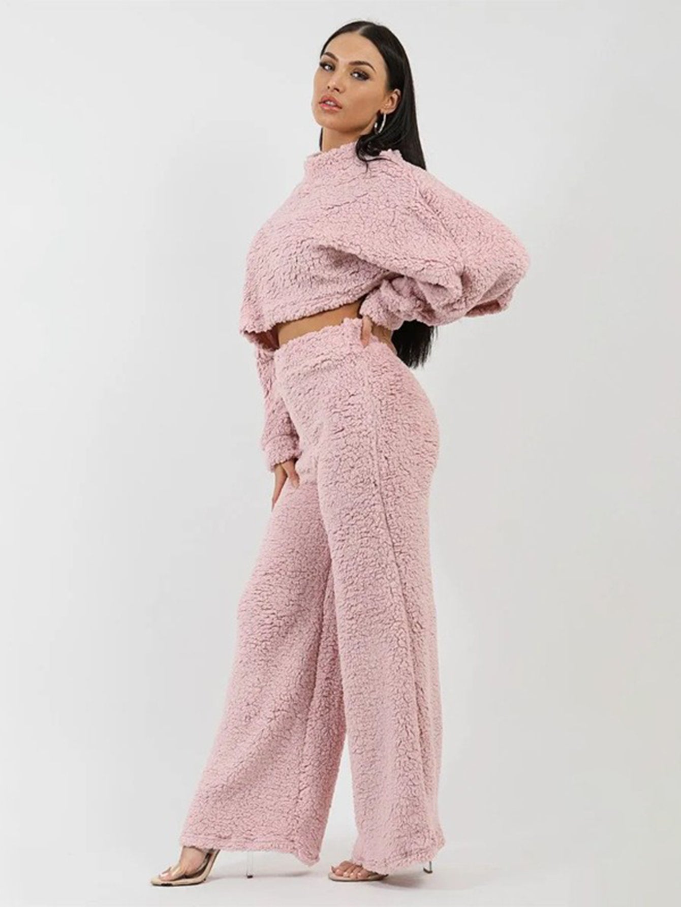Stylish Fleece Cropped Top & Wide-Leg Pants Set
