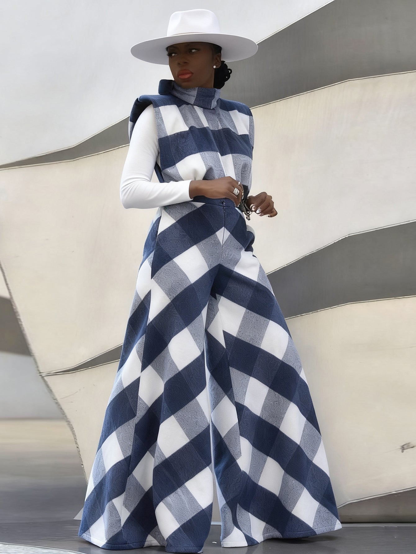 Stylish Plaid Sleeveless Vest & Wide Leg Pants Set