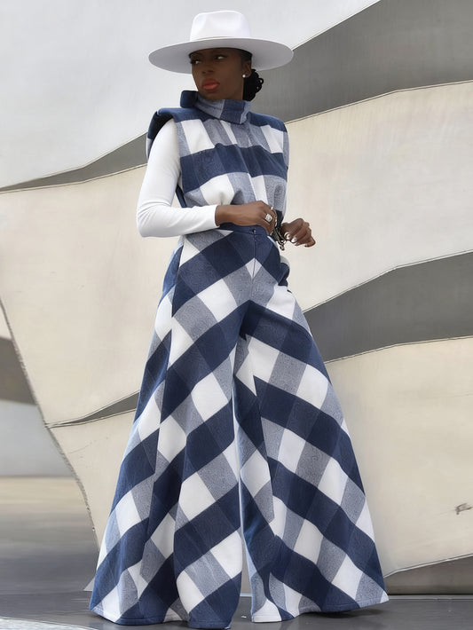 Stylish Plaid Sleeveless Vest & Wide Leg Pants Set
