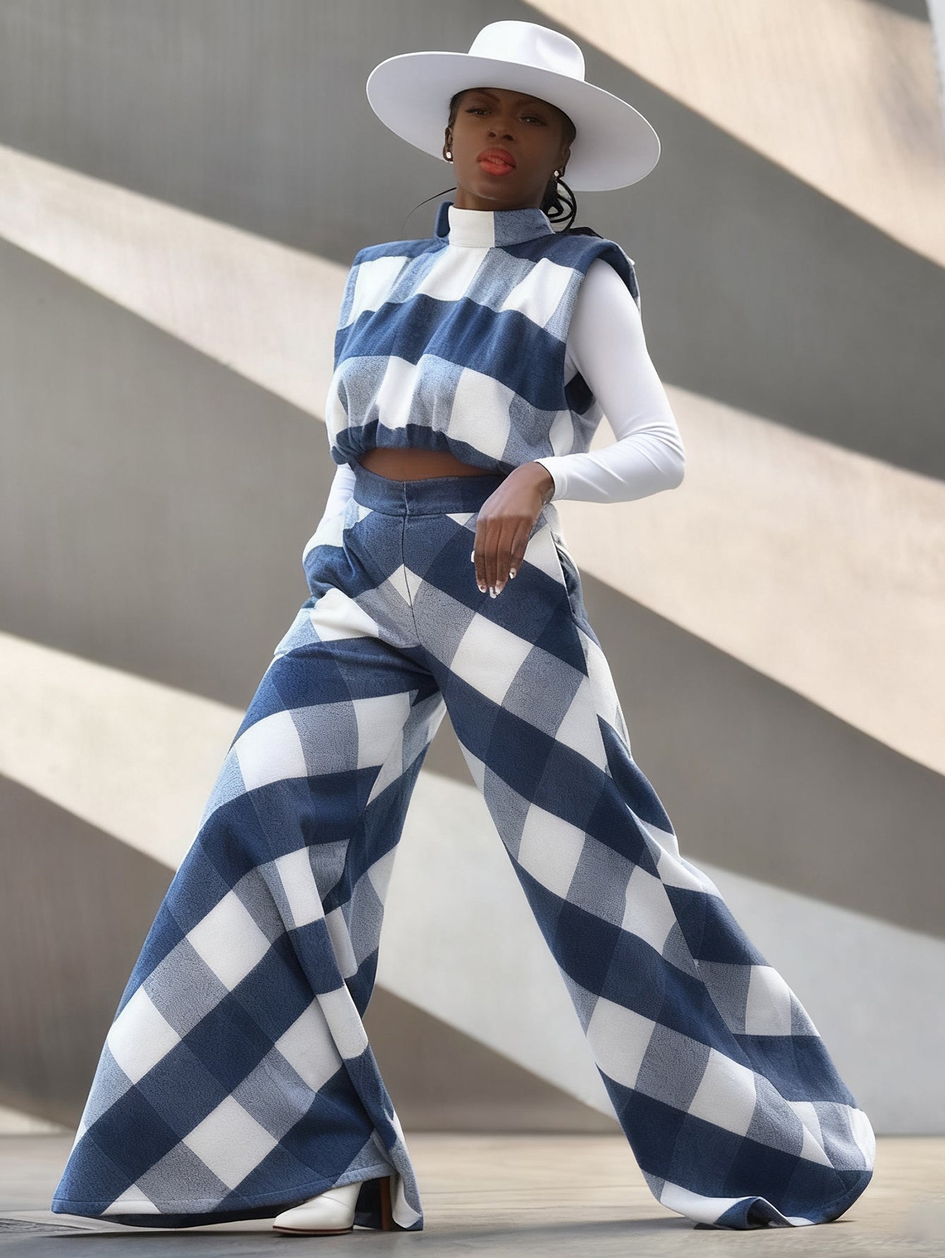 Stylish Plaid Sleeveless Vest & Wide Leg Pants Set