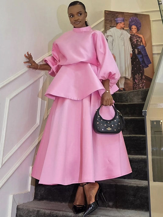 Elegant Lantern Sleeve High Waisted Three Piece Skirt Set