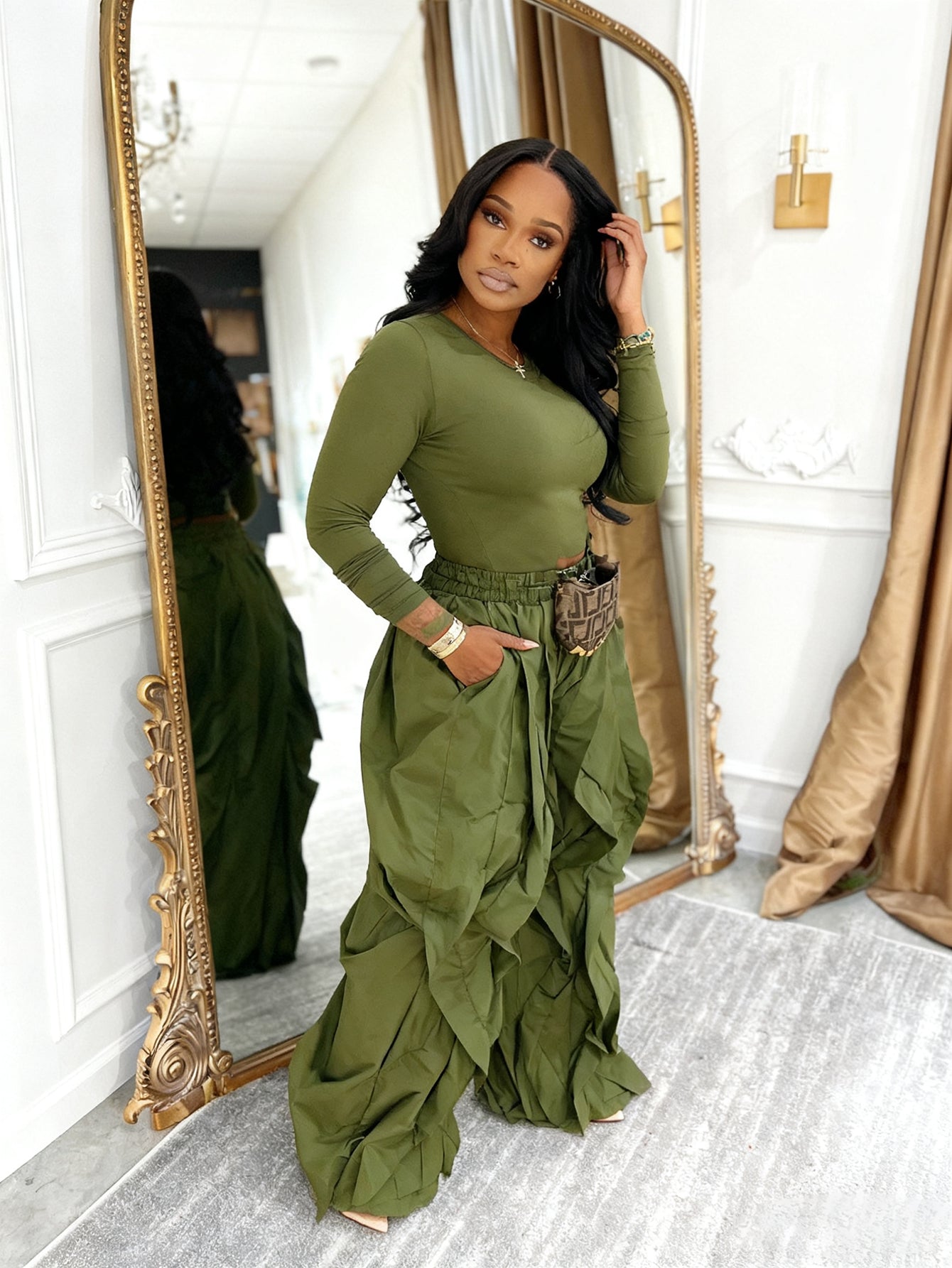 Stylish Solid Top & Multi Layered Ruffle Wide Leg Pants Set