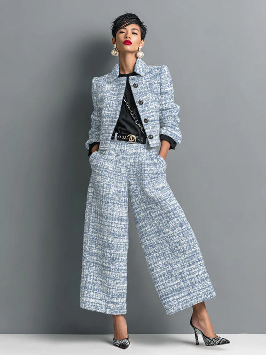 Stylish Tweed Cropped Jacket & Wide Leg Trousers Set