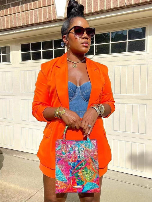 Stylish Solid Blazer & Skirt Set