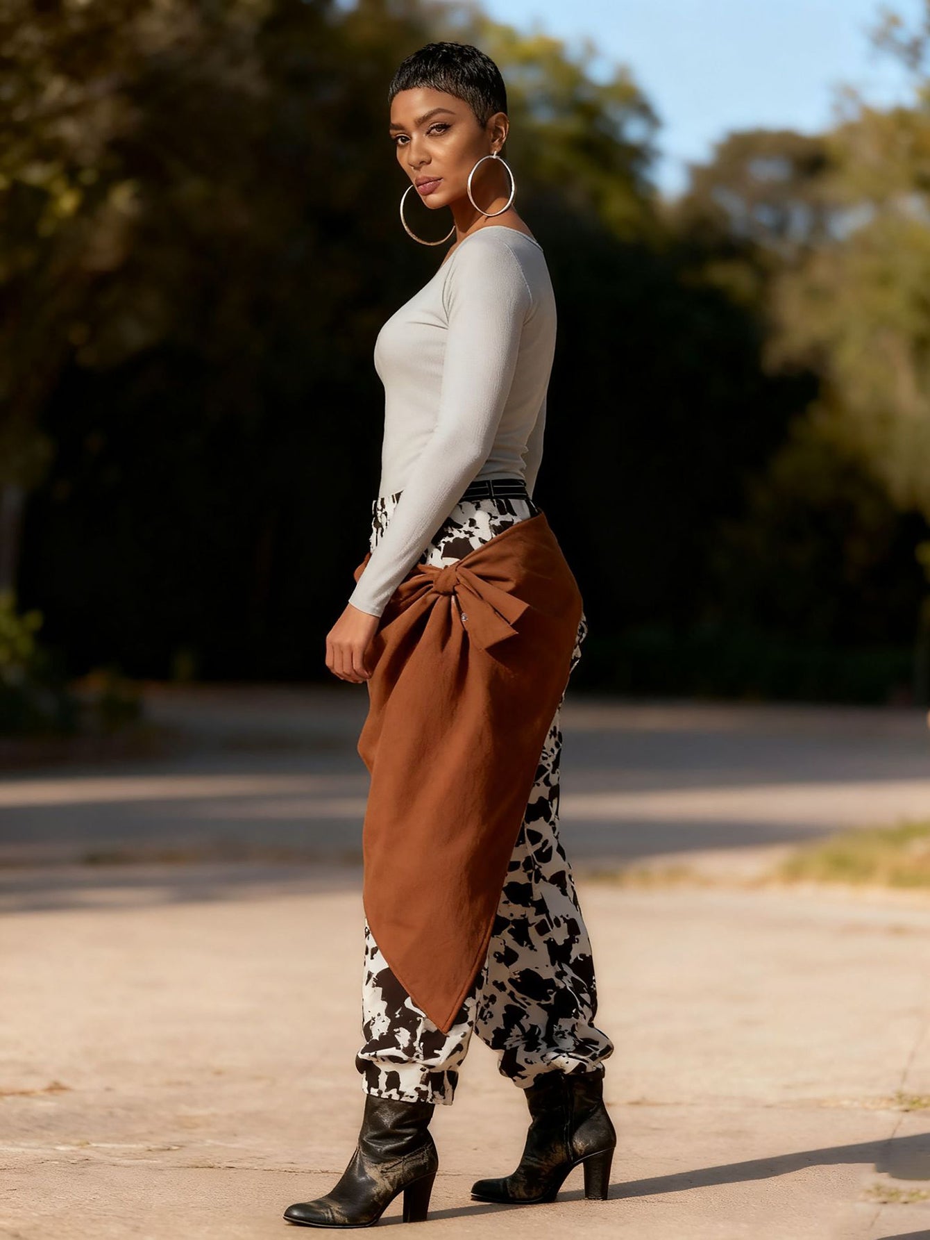 Stylish Cow Print Lace Up Wide Leg Jeans 