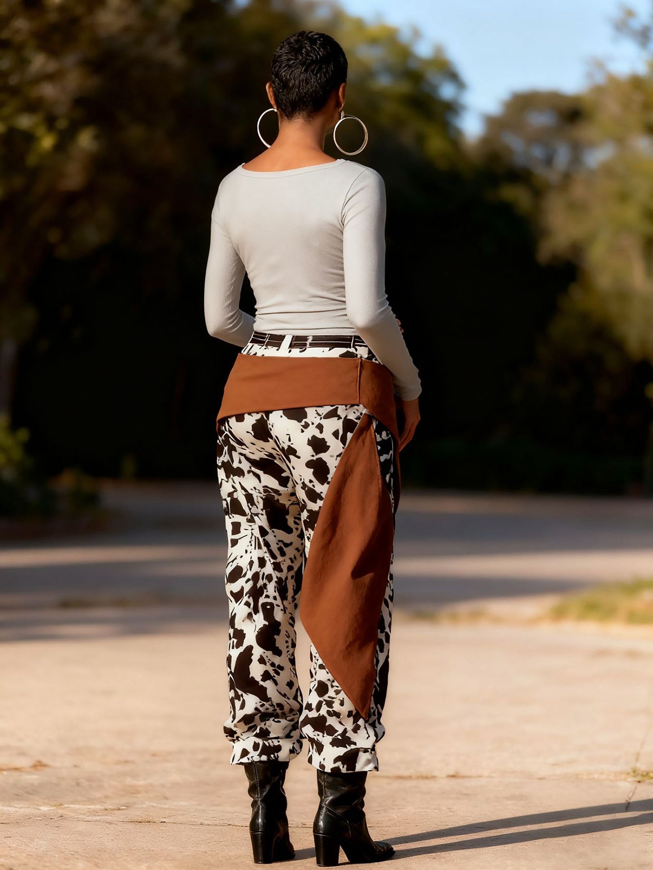 Stylish Cow Print Lace Up Wide Leg Jeans 