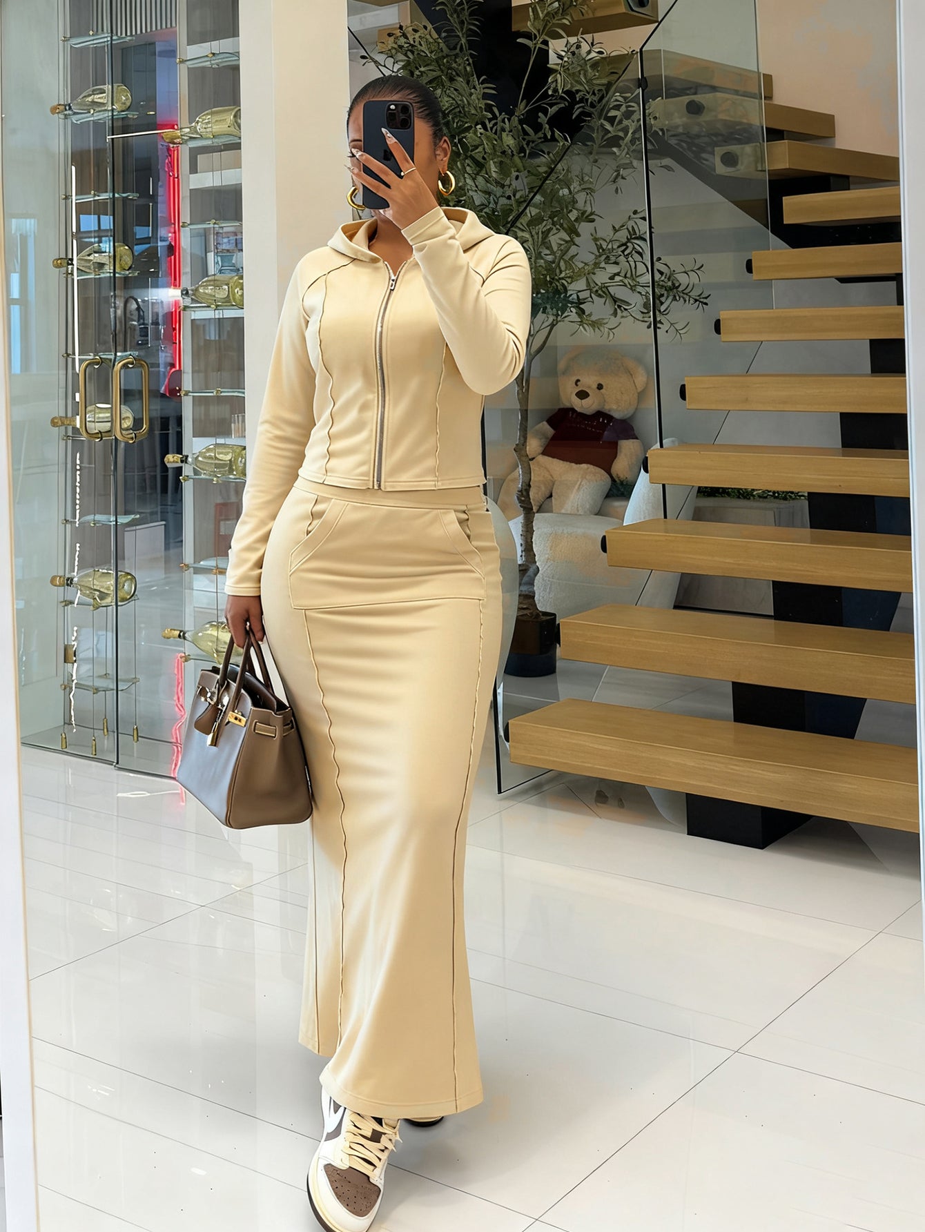 Stylish Zip Up Hoodie & Slit Skirt Set