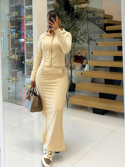 Stylish Zip Up Hoodie & Slit Skirt Set