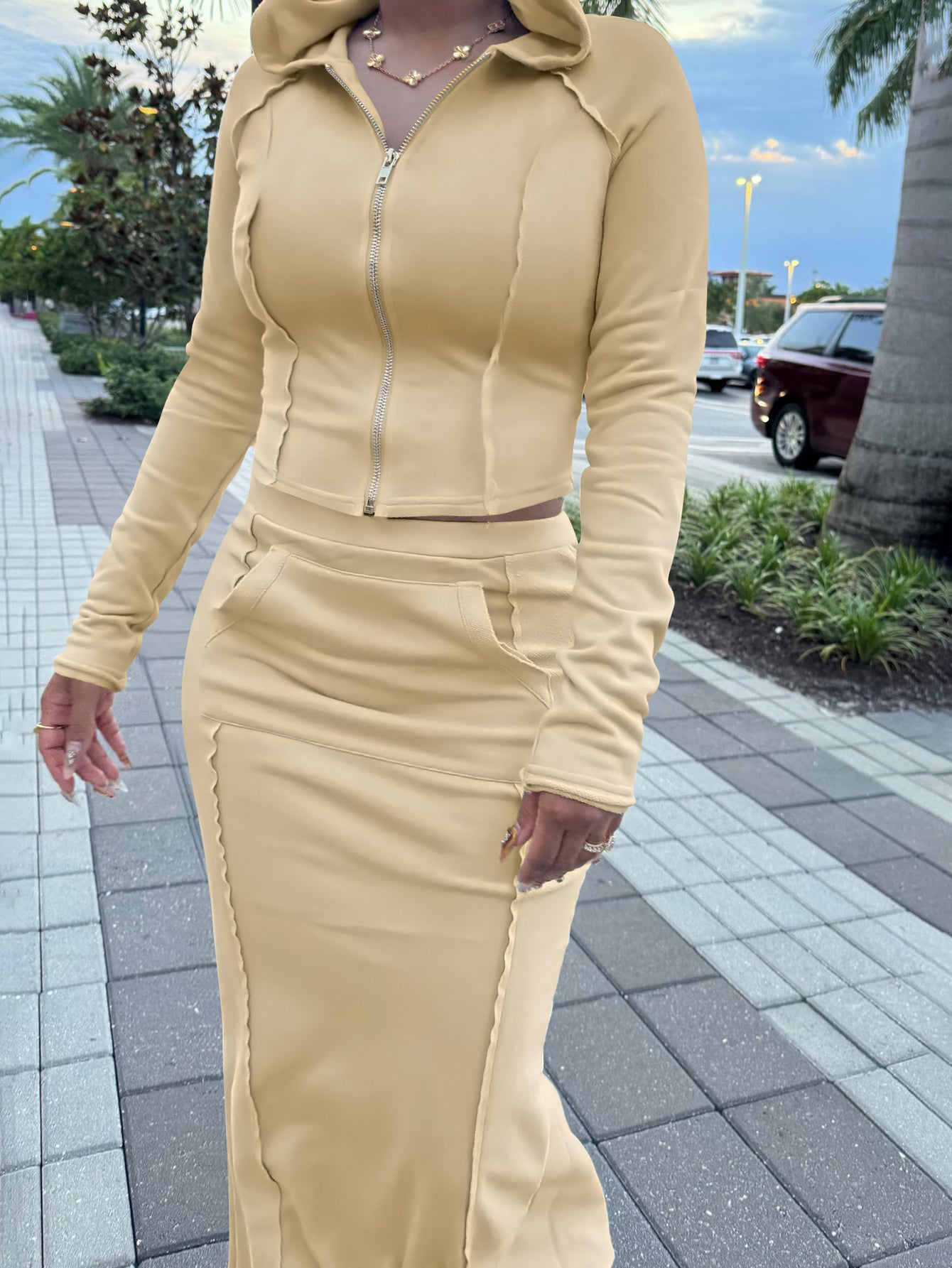 Stylish Zip Up Hoodie & Slit Skirt Set