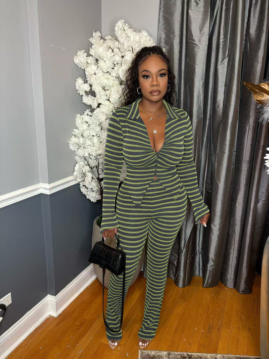 Stylish Striped Knit Shirt & Trousers Set
