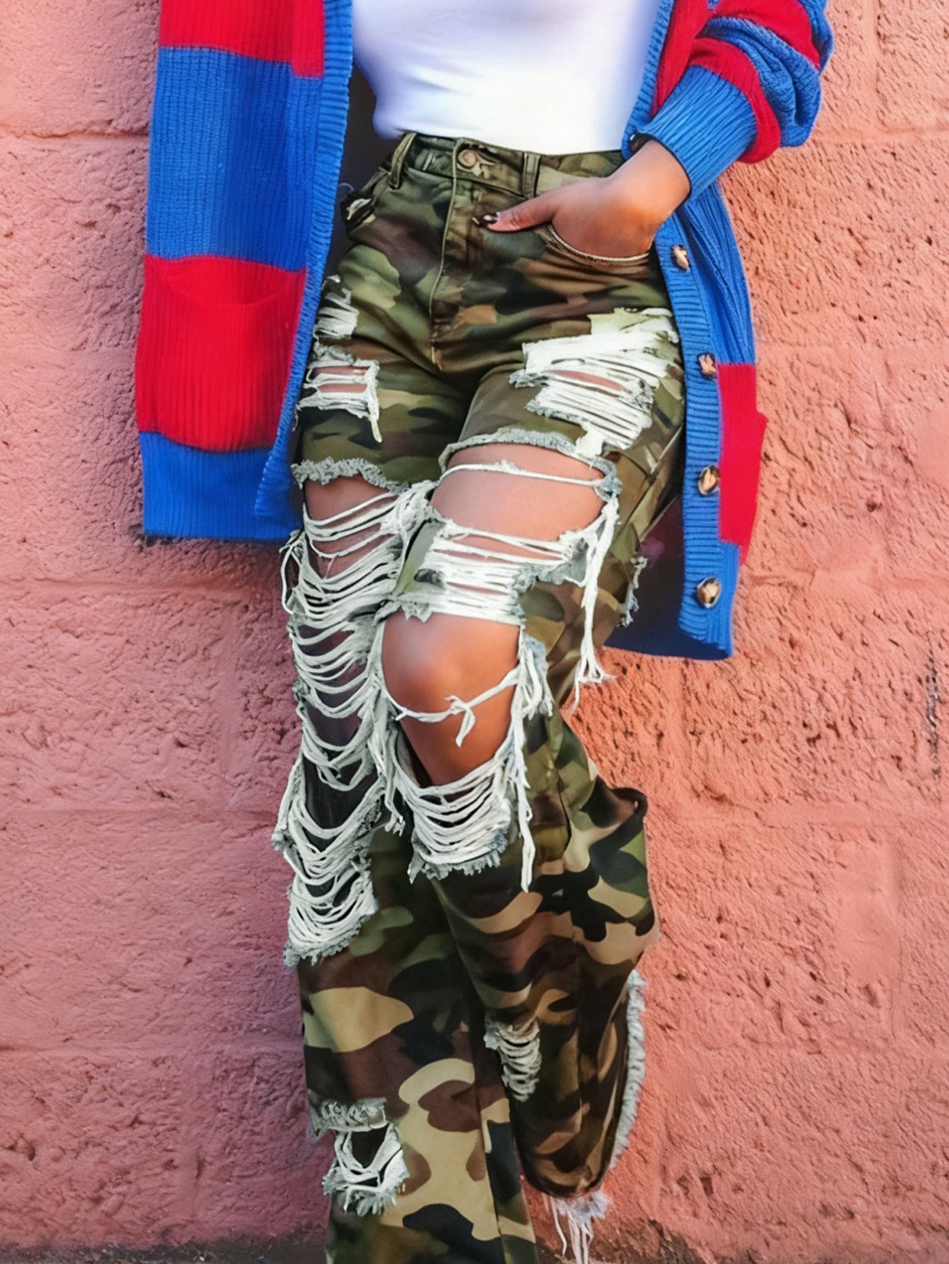 Stylish Ripped Camouflage Straight Leg Jeans