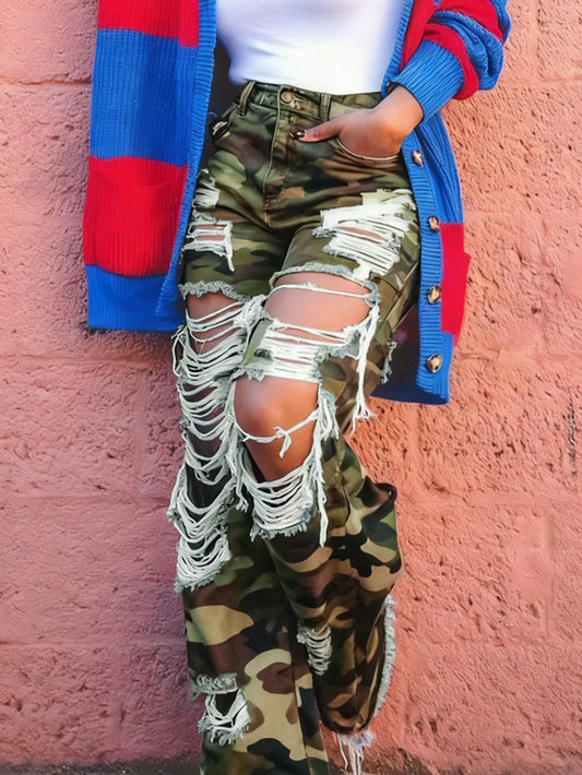 Stylish Ripped Camouflage Straight Leg Jeans