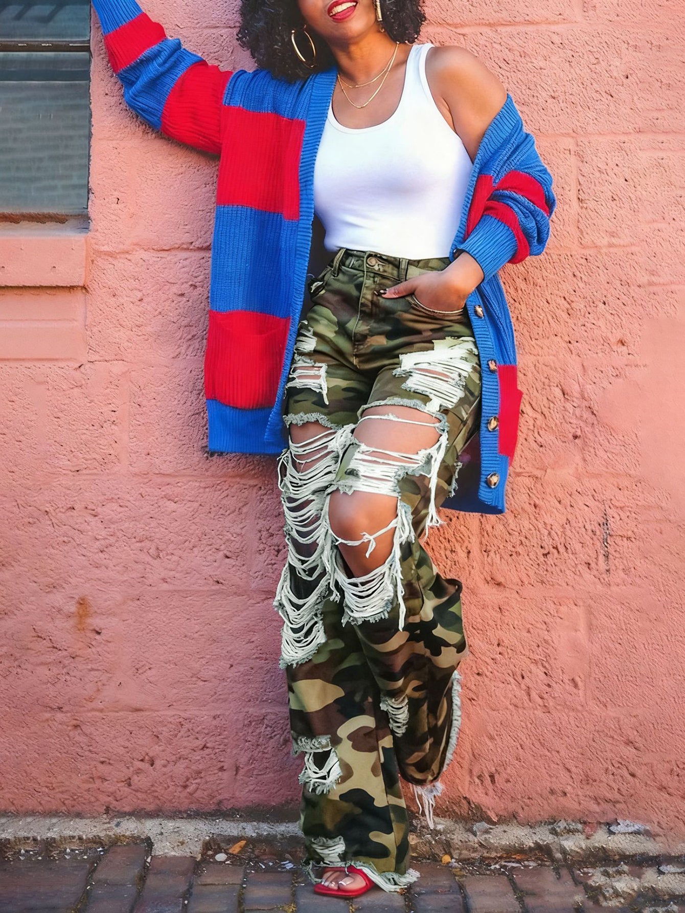 Stylish Ripped Camouflage Straight Leg Jeans