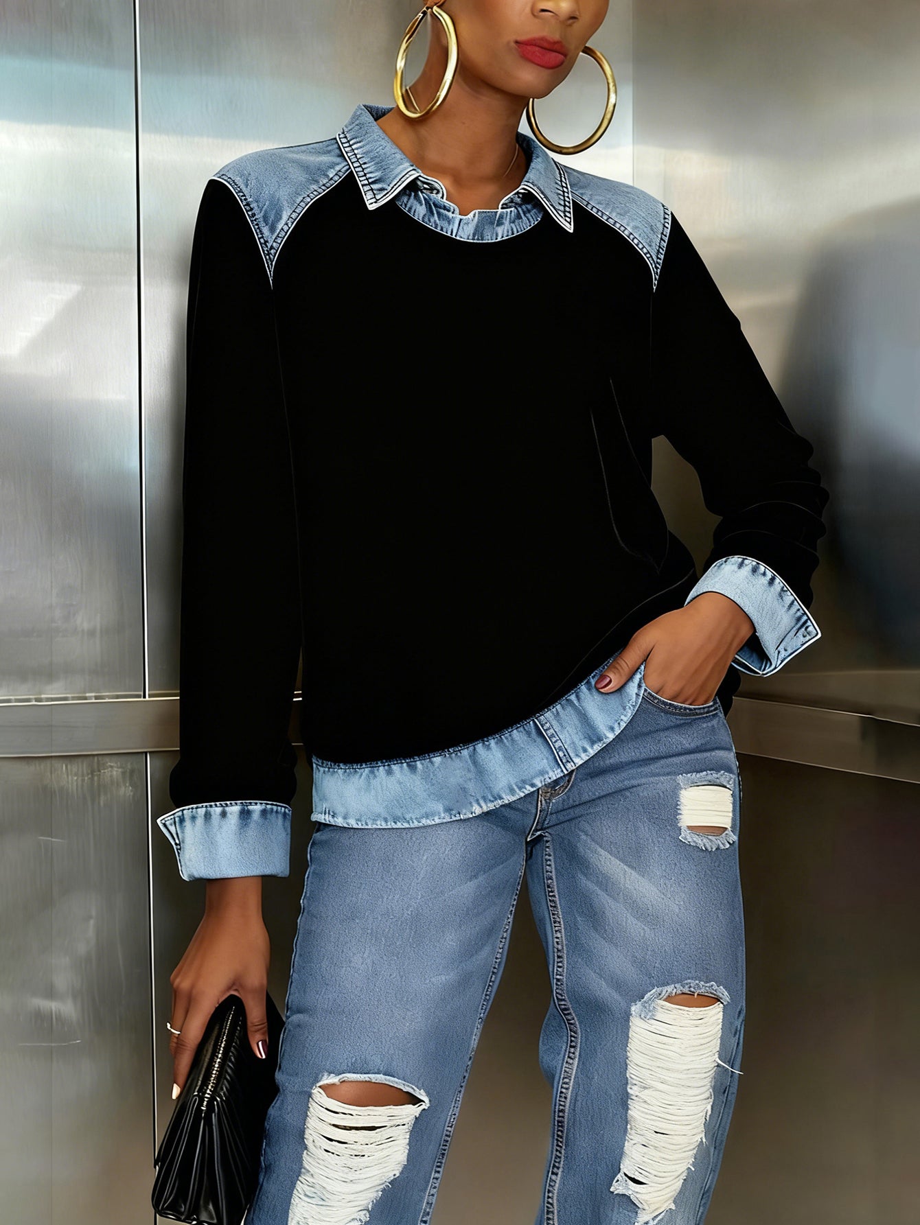 Stylish Denim Patchwork Knit Pullover