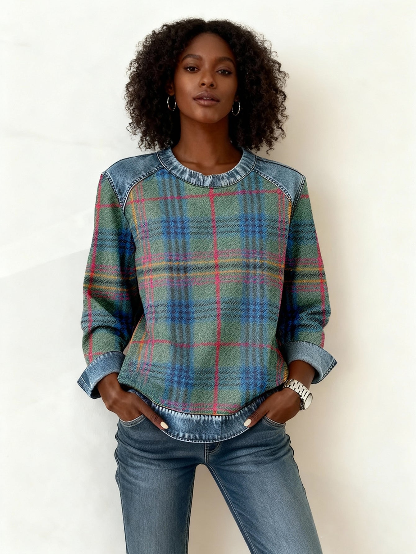 Stylish Plaid Denim Patchwork Sweatshirt