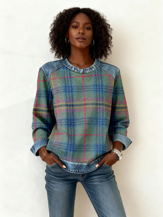 Stylish Plaid Denim Patchwork Sweatshirt