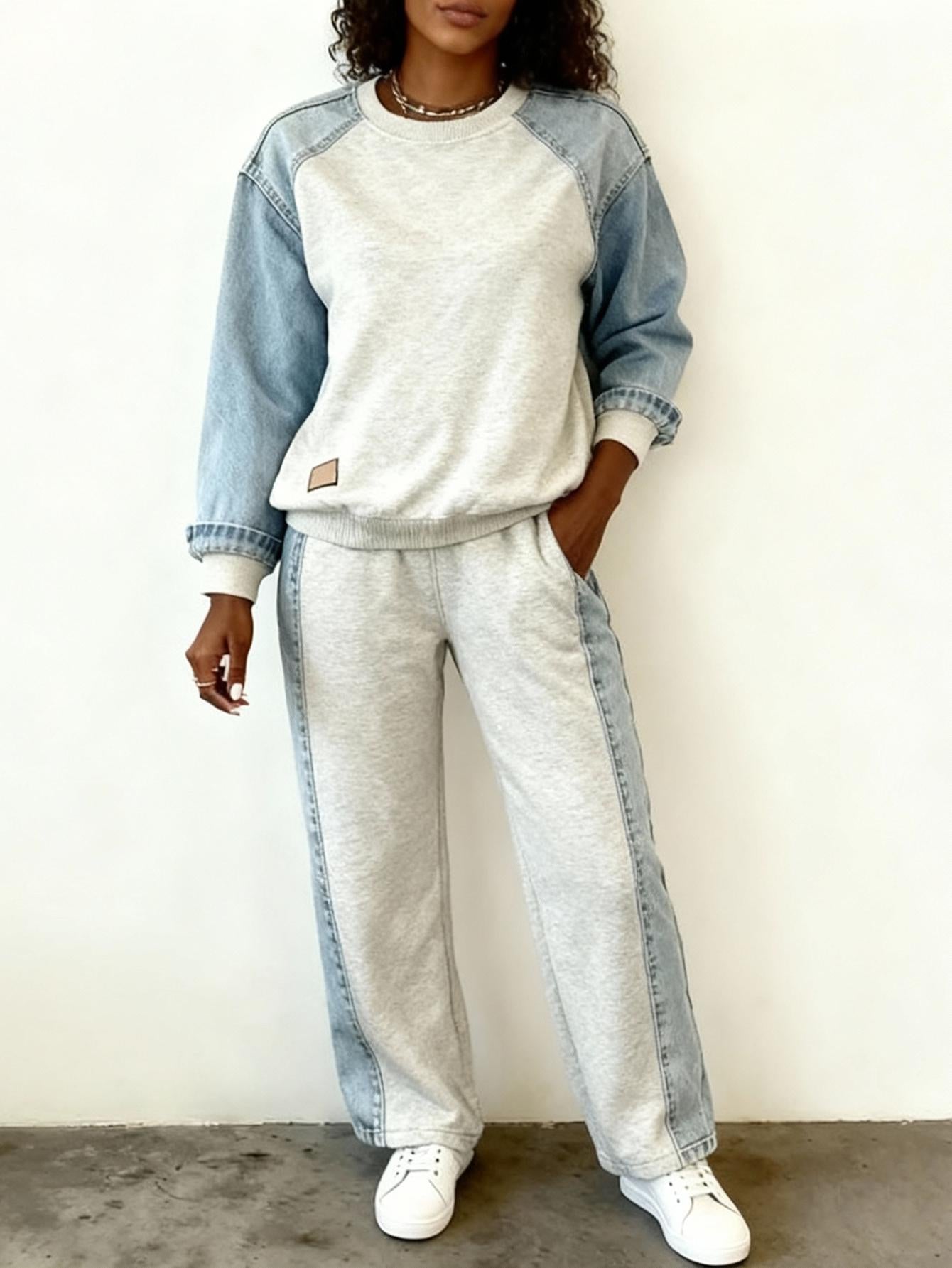 Stylish Denim Patchwork Sweatshirt & Pants Set