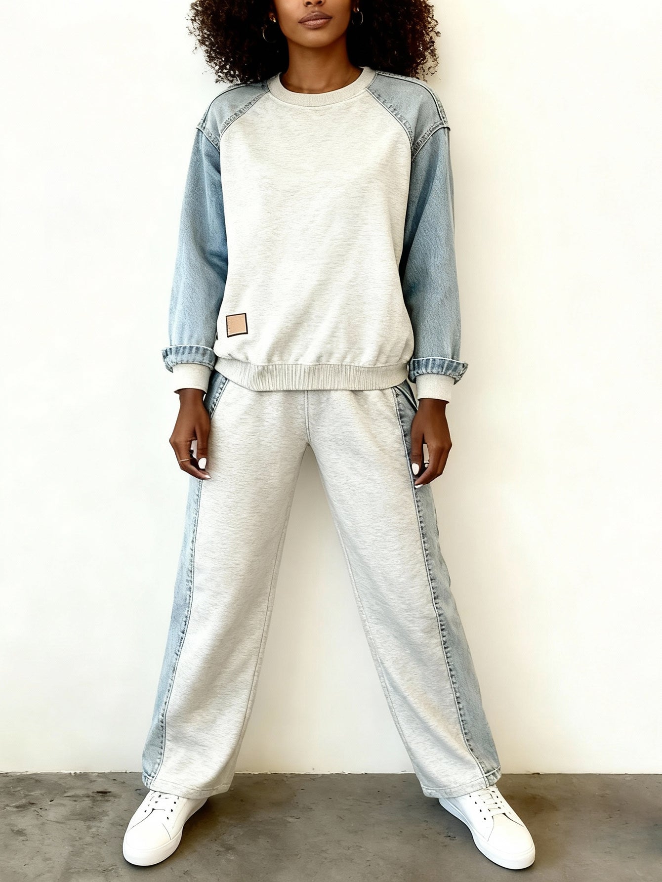 Stylish Denim Patchwork Sweatshirt & Pants Set