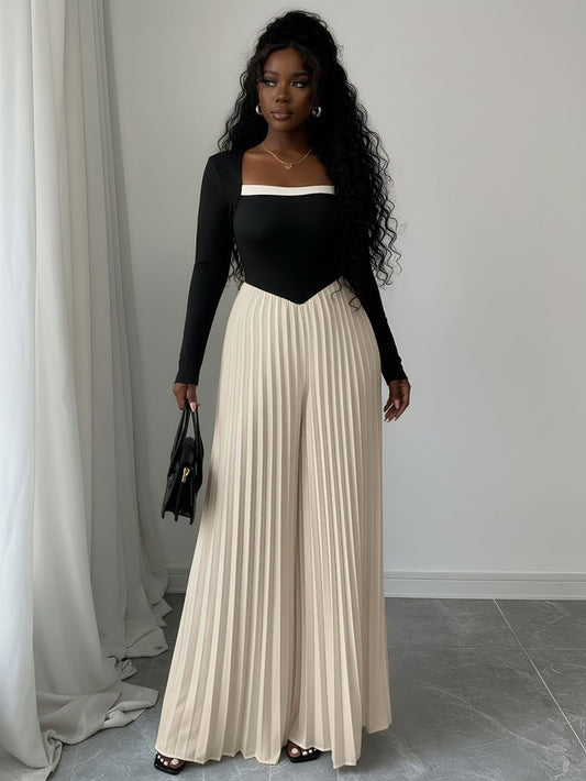 Fashionable Patchwork Pleated Wide Leg Jumpsuit