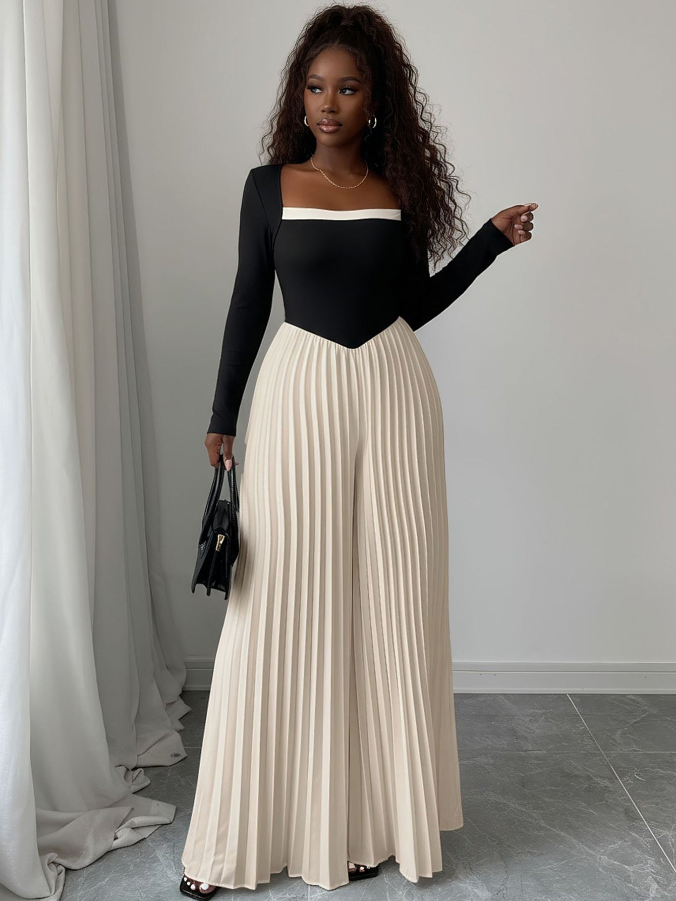 Fashionable Patchwork Pleated Wide Leg Jumpsuit