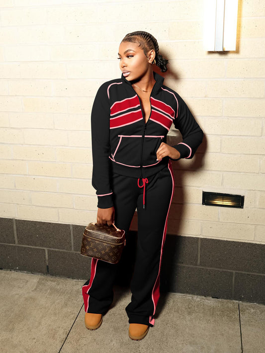 Stylish Colorblock Zip Up Jacket & Drawstring Pants Set