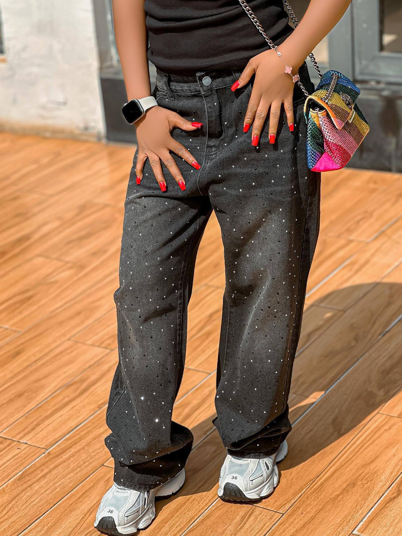 Fashionable Washed Gradient Rhinestone High Waisted Jeans