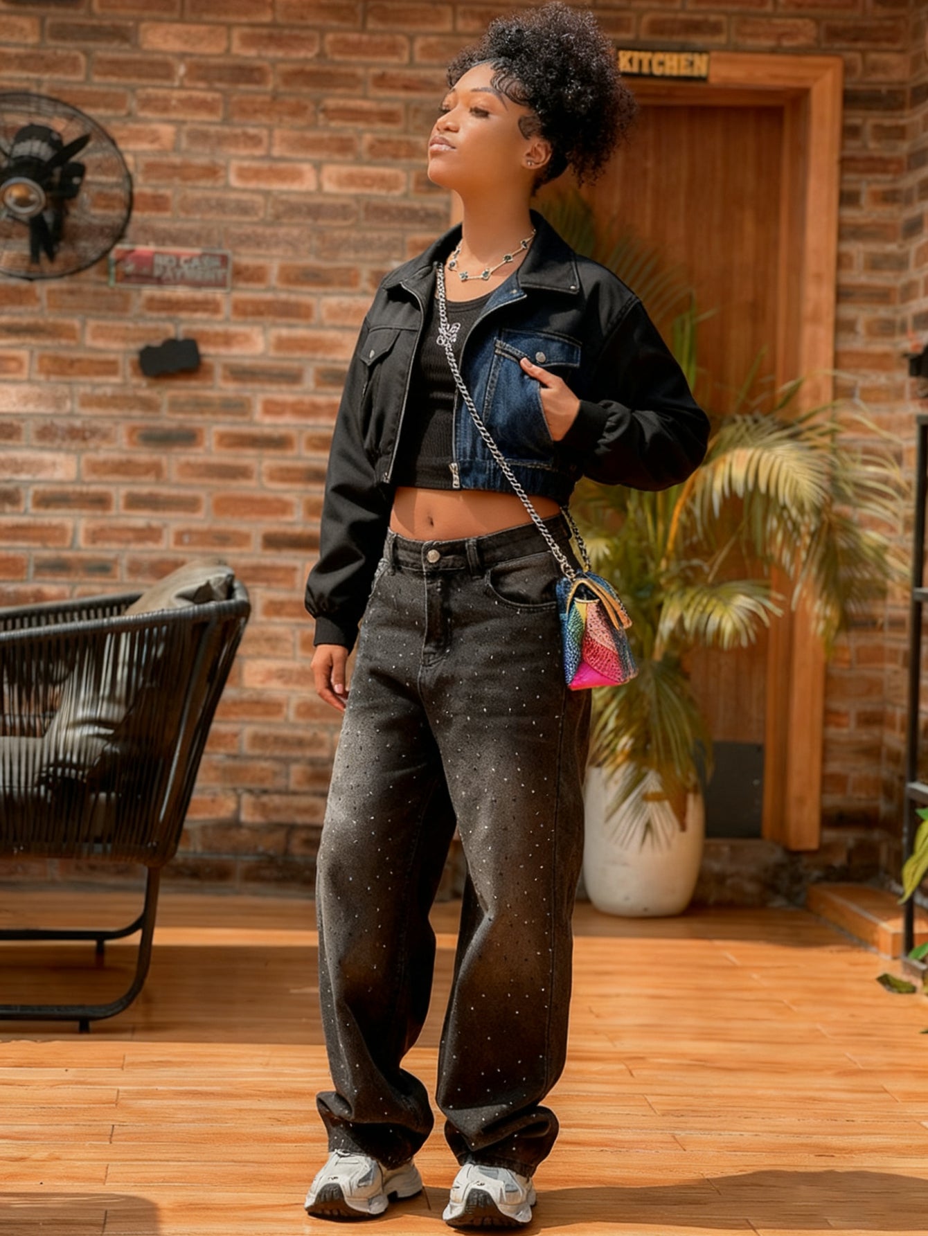 Fashionable Washed Gradient Rhinestone High Waisted Jeans