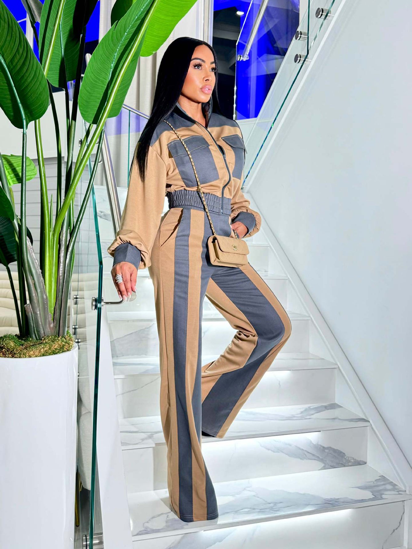 Stylish Denim Patchwork Cropped Top & Pants Set