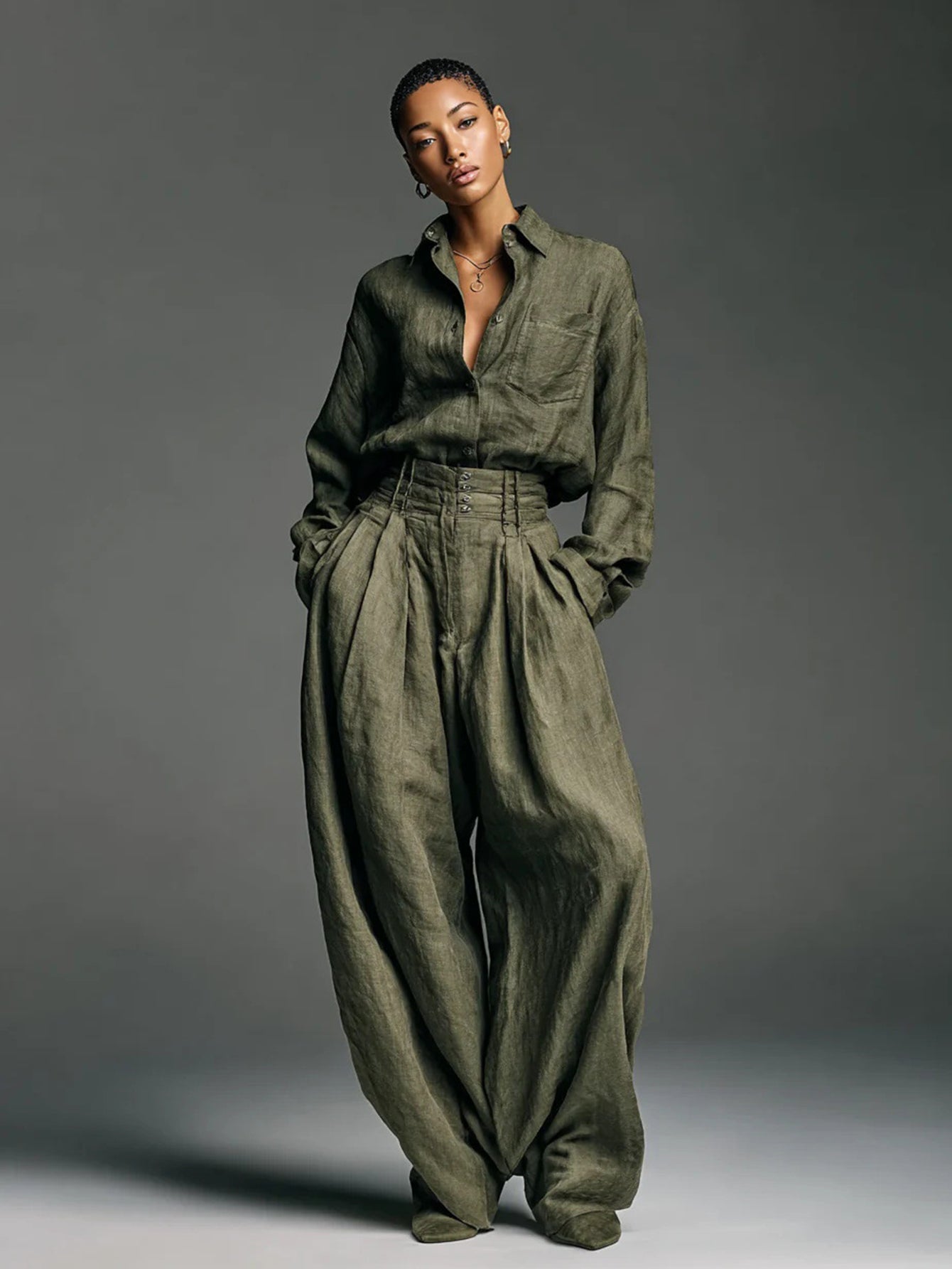 Casual Solid Shirt & Wide Leg Pants Set