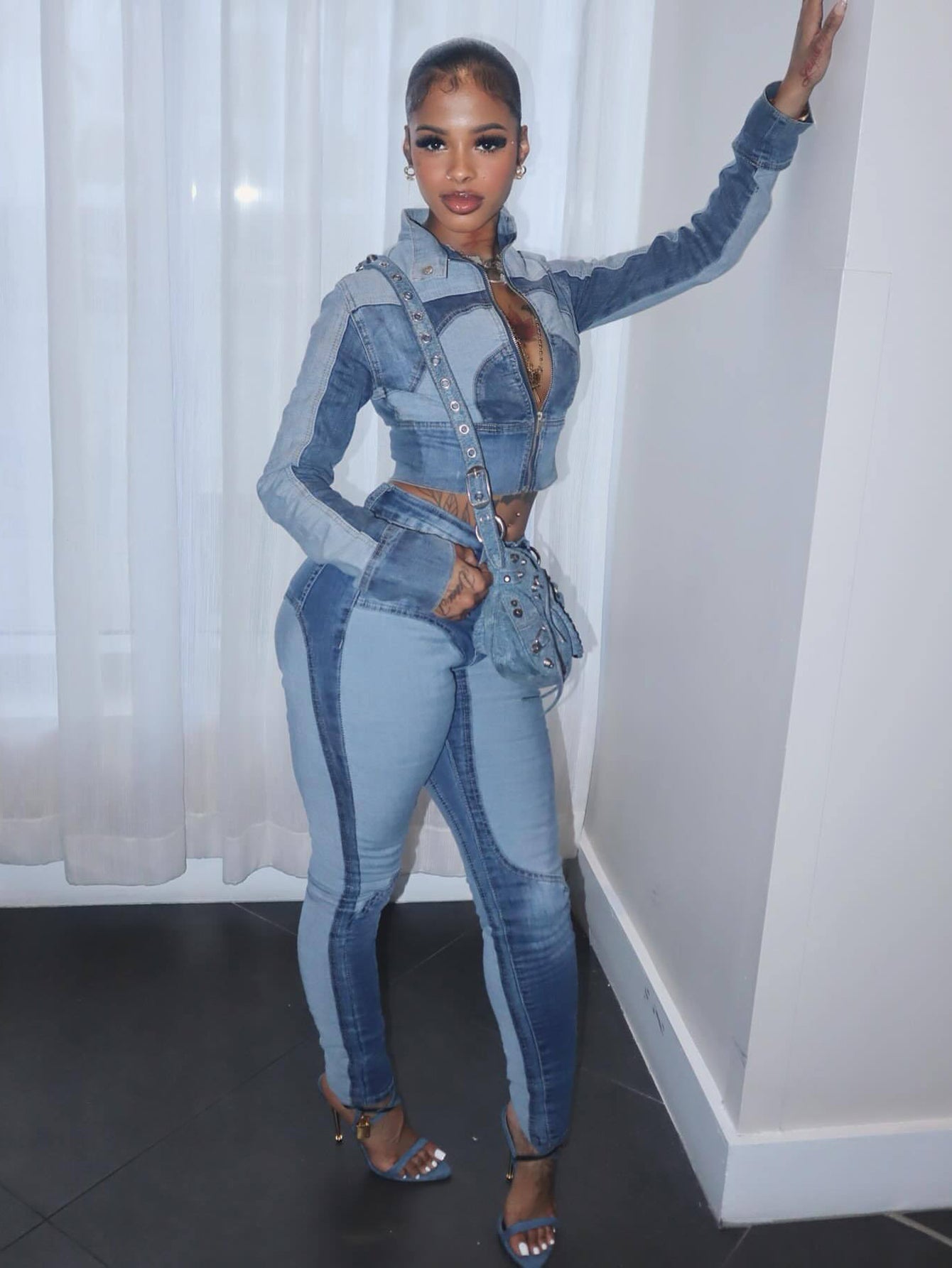 Stylish Washed Color Blocked Denim Set