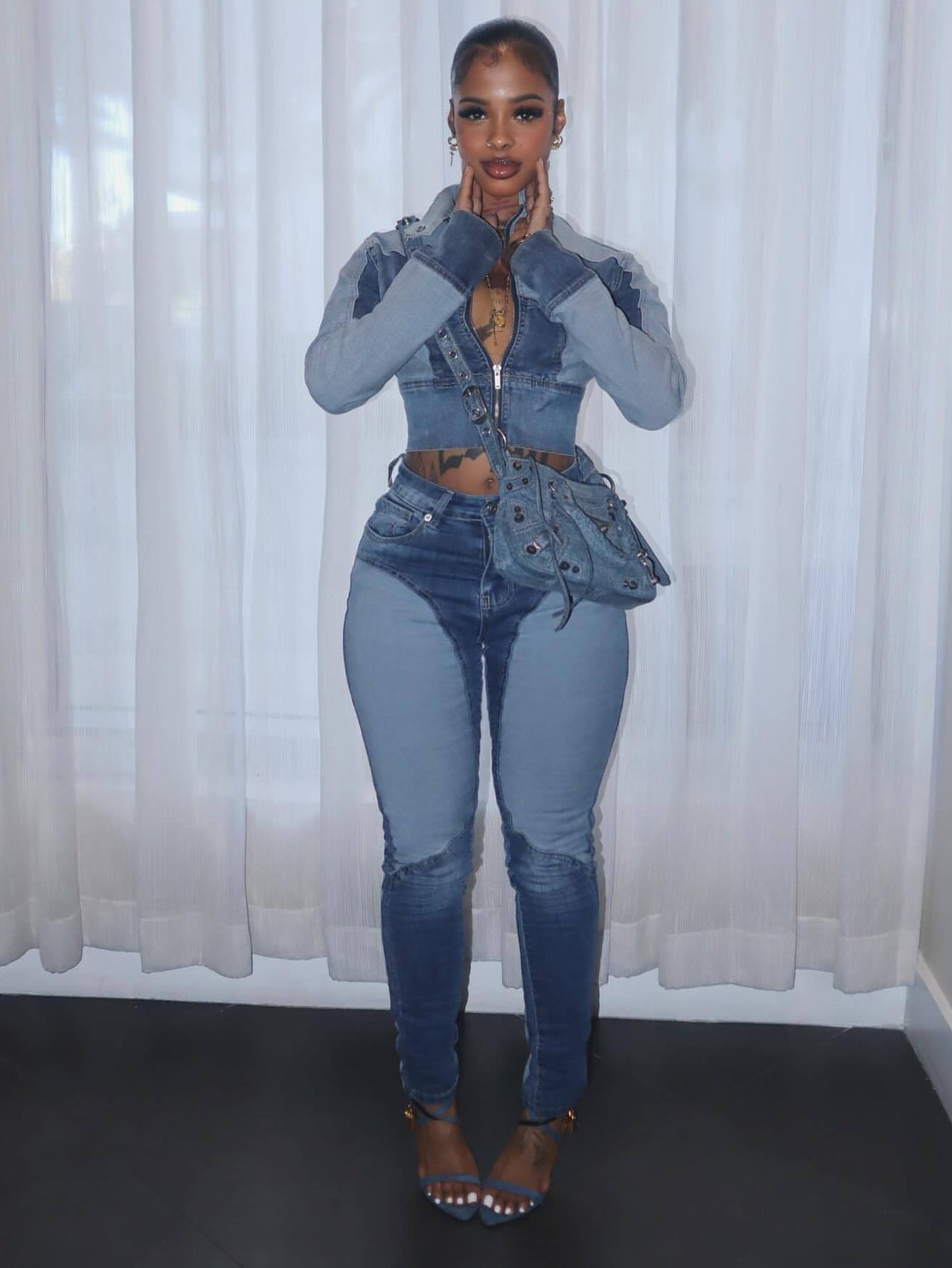 Stylish Washed Color Blocked Denim Set