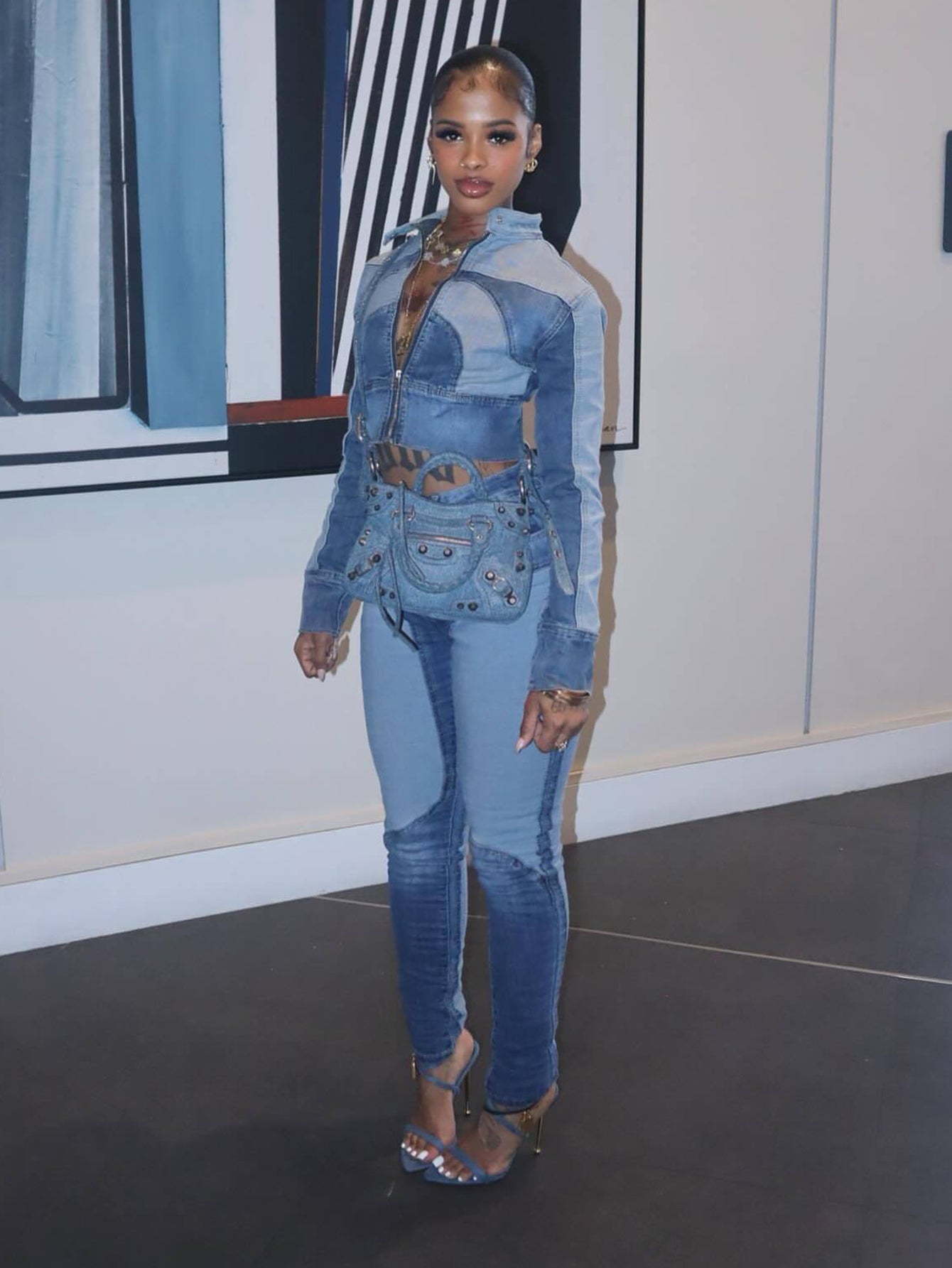 Stylish Washed Color Blocked Denim Set