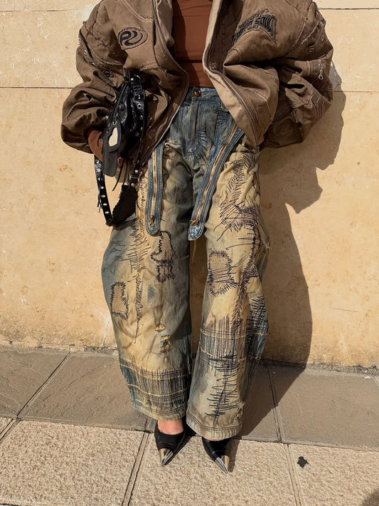 Stylish Embroidered Curved Jeans