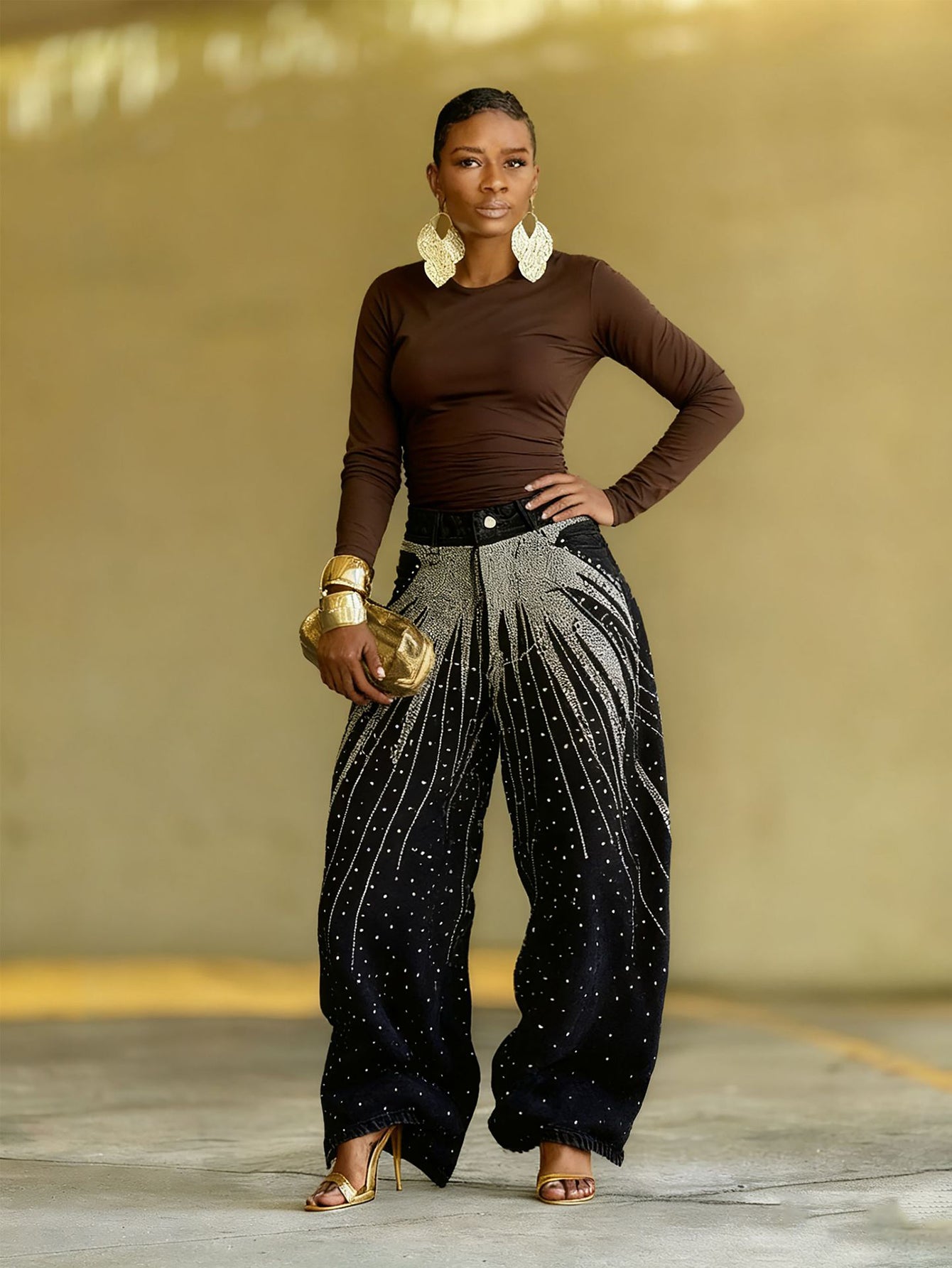 Stylish Washed Starry Rhinestone Jeans